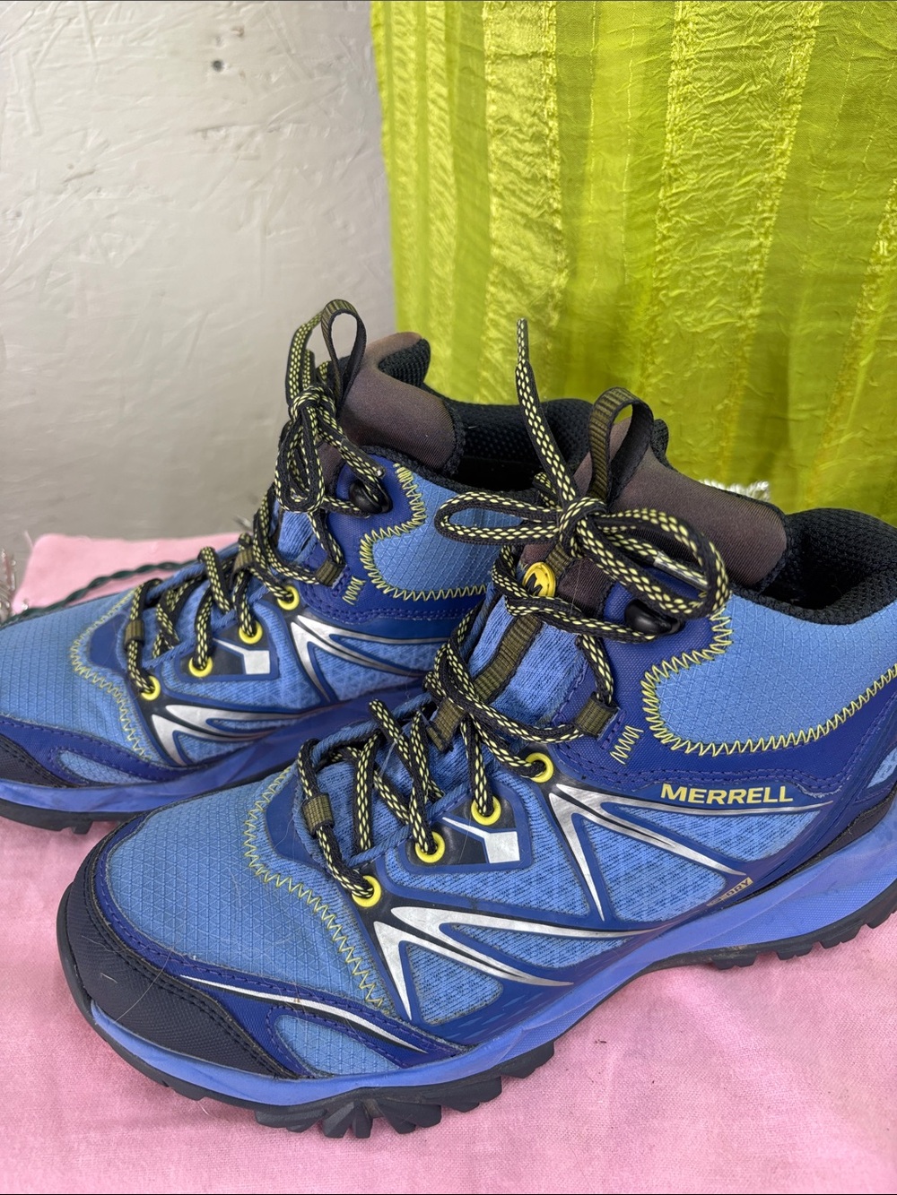Merrell Blue and Black Trail Sneakers with Yellow Accents